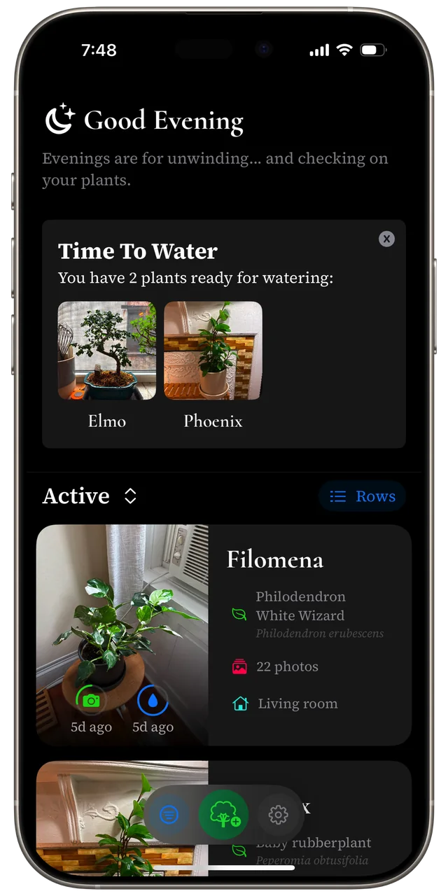 Ginkgo’s plant collection with watering reminders and photo histories.
